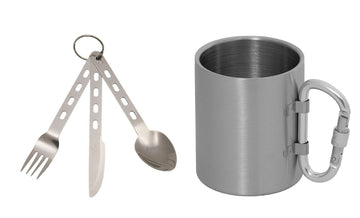 Set aus Edelstahltasse und Essbesteck